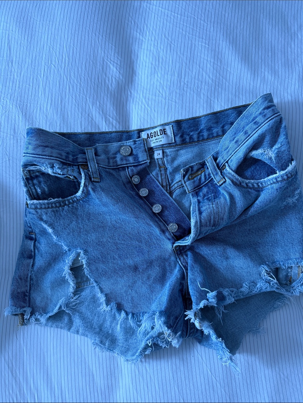Agolde Light Blue High-Rise Distressed Jean Shorts